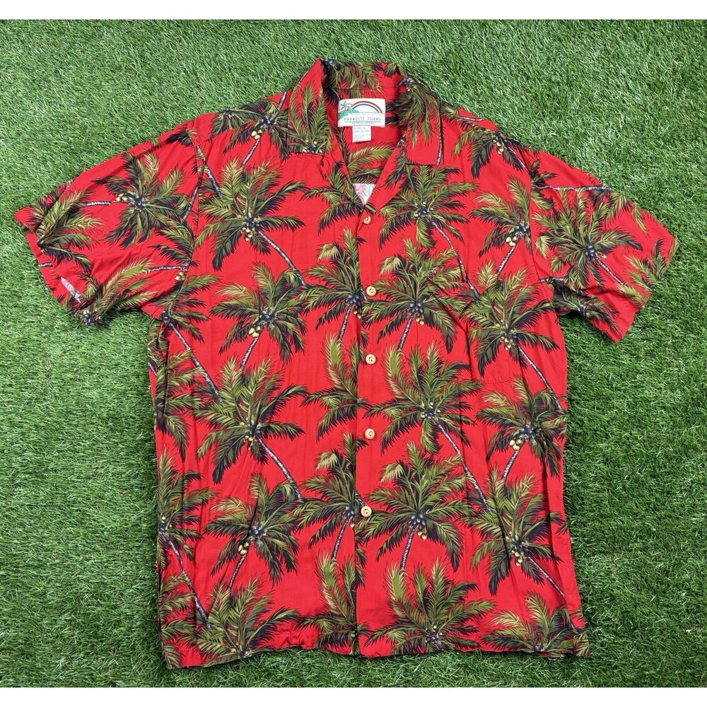 VTG Paradise Found Hawaiian Shirt Palm Tree Red Mens Size M Rayon Magnum PI